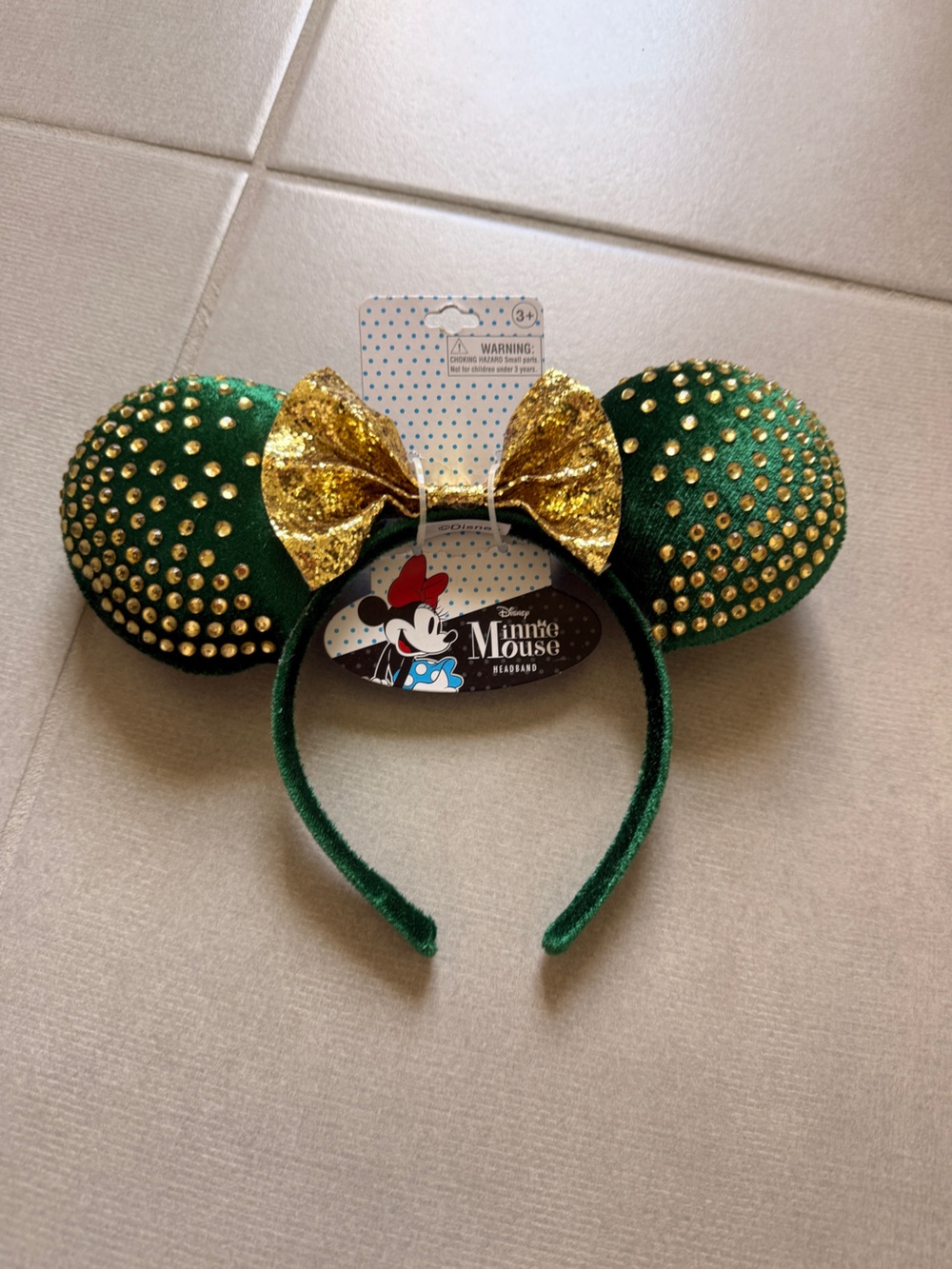 Disney Green Velvet Minnie Ears with Gold Sequin Bow